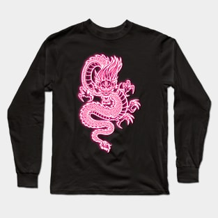 Light Pink Neon Glow Traditional Chinese Dragon Long Sleeve T-Shirt